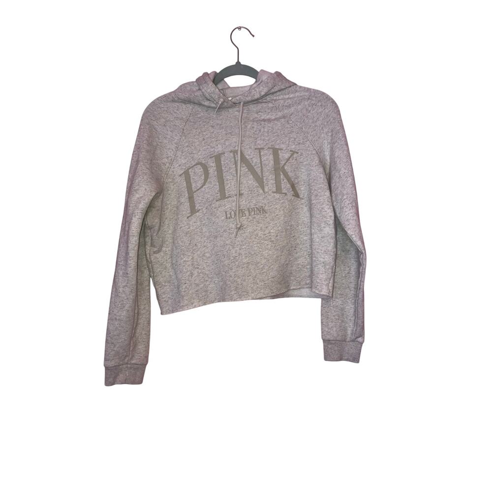 Pink Victoria's Secret Heather Light Grey Cropped Hoodie Size Small Oversized